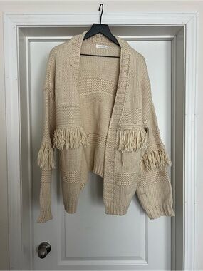 12th Tribe Cream Fringe Knit Cardigan